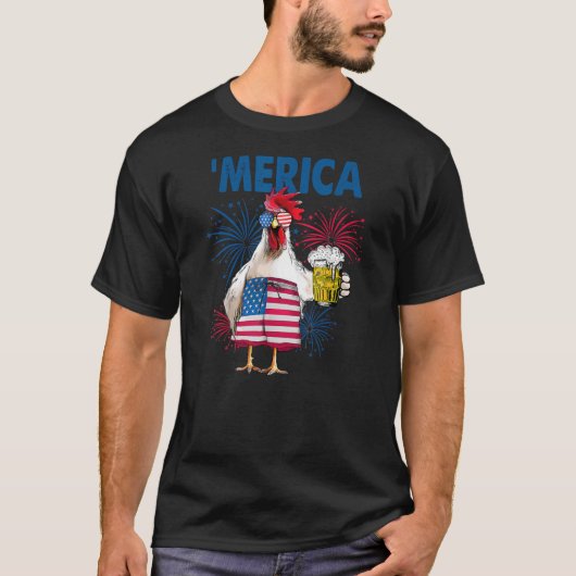 Merica Funny Chicken mit Bier USA Flag 4. T-Shirt (Vorderseite)