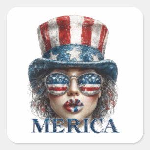 Merica Girl, Amerikanische Unabhängigkeitstag Glam Quadratischer Aufkleber