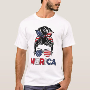 Merica Mama Girl American Flag Messy Bun Hair 4TH T-Shirt
