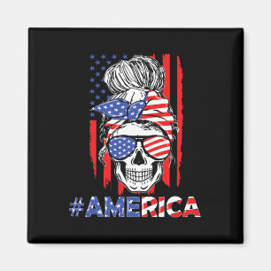 Merica Messy Bun Skull 4. Juli American Flag W Magnet