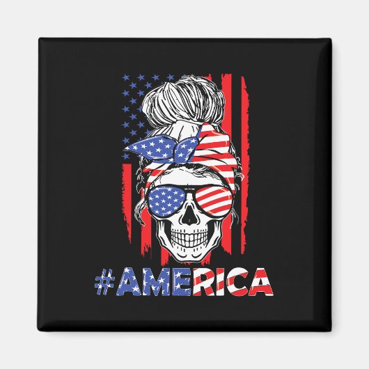 Merica Messy Bun Skull 4. Juli American Flag W Magnet (Vorne)