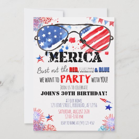 "Merica Patriotic Red White and Blue Birthday Einladung (Vorderseite)