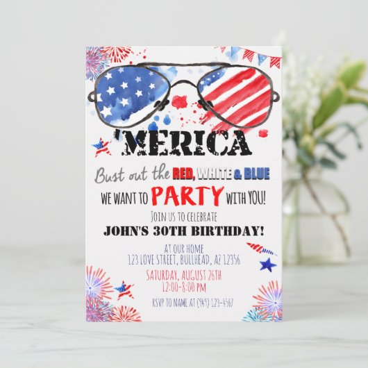 "Merica Patriotic Red White and Blue Birthday Einladung (Stehend Vorderseite)