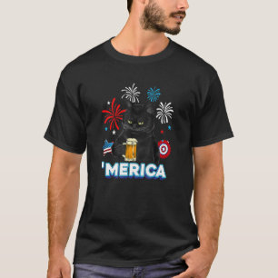 Merica Schwarze Katze Gelbe Augen Mit Bier USA-Fla T-Shirt