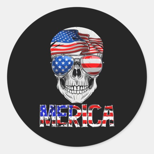 Merica Skull 4. Juli American Flag Patriotic Runder Aufkleber (Vorderseite)