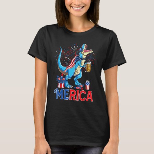 Merican Rex & Beer Glass USA Flag Indepedence Day T-Shirt (Vorderseite)