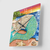 Merkitty am Sonnenuntergang am Strand Cat Mermaid  Quadratische Wanduhr (Winkel)