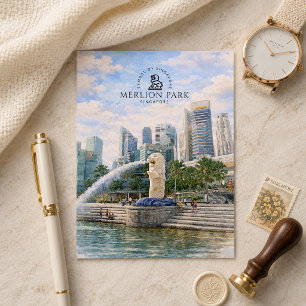 Merlion Park Singapur Wasserfarben Wahrzeichen Postkarte