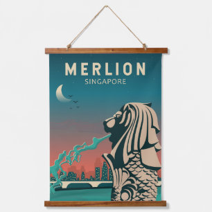 Merlion Singapur Reisen Vintage Kunst Wandteppich Mit Holzrahmen