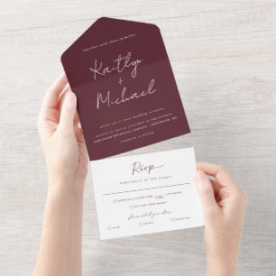 Merlot Burgund Hochzeit Modern mit abreißbarer RSV All In One Einladung
