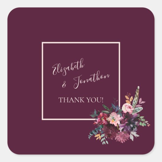 Merlot Burgundy Floral Wedding Vielen Dank Quadratischer Aufkleber (Vorderseite)