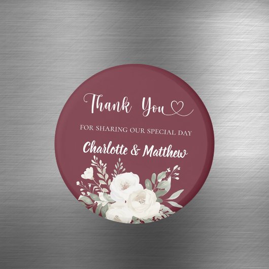 Merlot burgundy white florals thank you wedding magnet