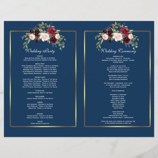 Merlot Floral Navy Blue Gold Rahmen Hochzeitsprogr (Rückseite)
