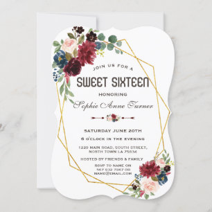 Merlot Marineblau Floral Gold Rahmen Sweet 16 Einladung