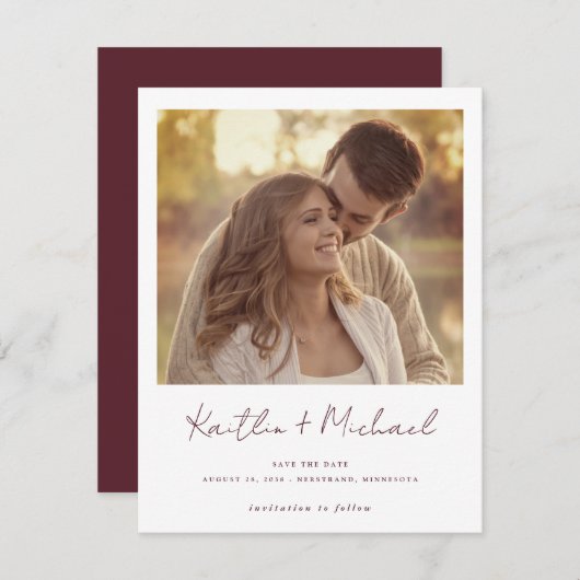 Merlot Modernes Handwriting Foto Hochzeit Save The Date (Vorne/Hinten)