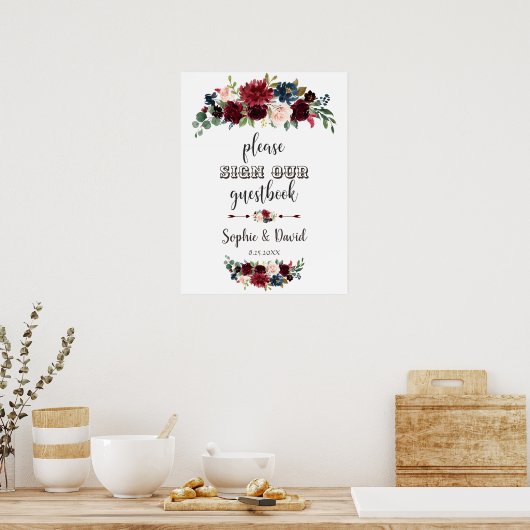 Merlot Navy Blue Floral Bitte unterschreiben Sie u Poster (Küche)