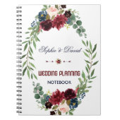 Merlot Navy Blue Floral Bloom Hochzeitsplaner Notizblock (Vorderseite)