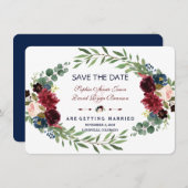 Merlot Navy Blue Floral Bloom Save the Date (Vorne/Hinten)