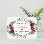 Merlot Navy Blue Floral Bloom Save the Date (Stehend Vorderseite)