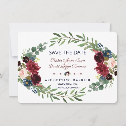 Merlot Navy Blue Floral Bloom Save the Date (Vorderseite)