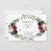 Merlot Navy Blue Floral Bloom Wedding RSVP (Rückseite)