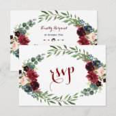 Merlot Navy Blue Floral Bloom Wedding RSVP (Vorne/Hinten)
