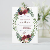 Merlot Navy Blue Floral Bloom Wedding RSVP (Stehend Vorderseite)