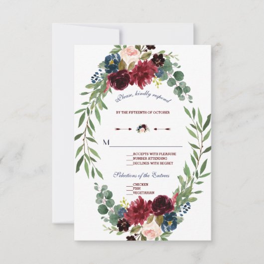 Merlot Navy Blue Floral Bloom Wedding RSVP Karte (Vorderseite)