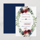 Merlot Navy Blue Floral Bloom Wedding RSVP Karte (Vorne/Hinten)