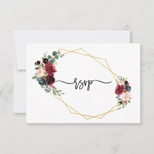 Merlot Navy Blue Floral Gold Rahmen Hochzeit RSVP (Vorderseite)