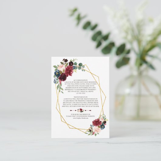 Merlot Navy Blue Floral Gold Rahmen Hochzeitsdetai Begleitkarte (Stehend Vorderseite)