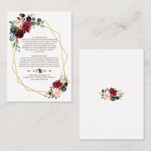 Merlot Navy Blue Floral Gold Rahmen Hochzeitsdetai Begleitkarte (Vorne/Hinten)