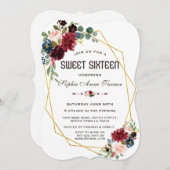 Merlot Navy Blue Floral Gold Rahmen Sweet 16 Einladung (Vorne/Hinten)
