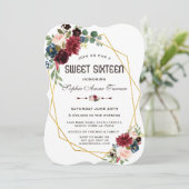 Merlot Navy Blue Floral Gold Rahmen Sweet 16 Einladung (Stehend Vorderseite)