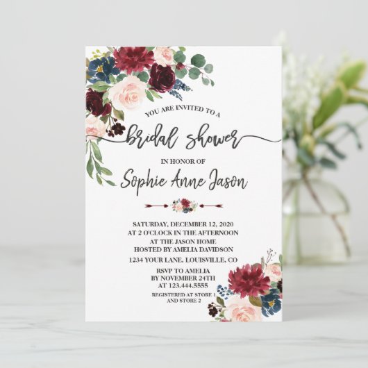 Merlot Navy Blue Floral Handwriting Brautparty Einladung (Stehend Vorderseite)