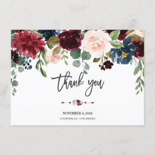 Merlot-Navy-Blumen-Hochzeit-Handschrift Danke