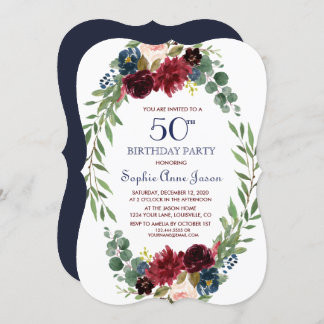 Merlot Navy Blütenblume 50. Geburtstag Einladung