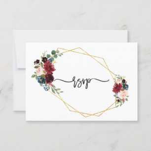 Merlot-Navyblau-Blumen-Goldrahmen-Hochzeits-RSVP RSVP Karte