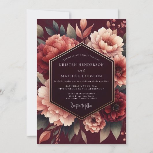 Merlot Poetic Bloom Wedding Einladung (Vorderseite)