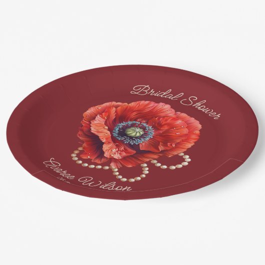 Merlot Red mit Riesenrot-Mohn-Brautparty Pappteller (Schrägansicht)