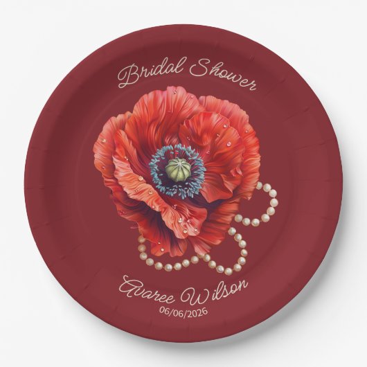 Merlot Red mit Riesenrot-Mohn-Brautparty Pappteller (Vorderseite)