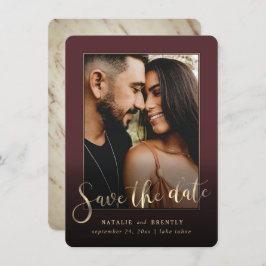 Merlot Wine Red Gold Script & Marble Foto Overlay Save The Date