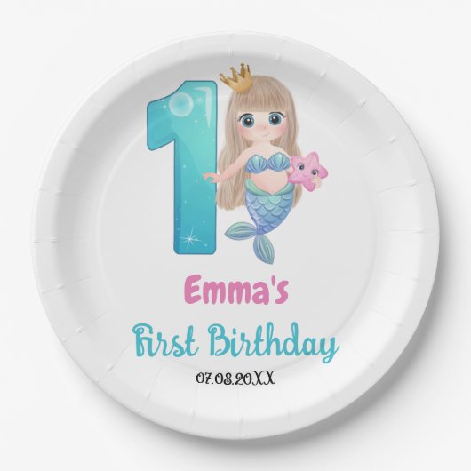 Mermaid 1. Geburtstag Party Pappteller (Vorderseite)