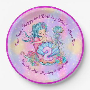Mermaid 2. Geburtstag Ändern Text anpassen Pappteller