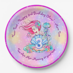 Mermaid 3. Geburtstag Ändern Text anpassen Pappteller