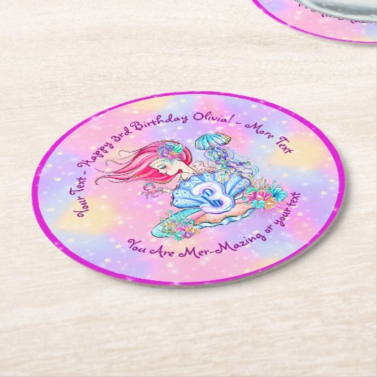 Mermaid 3. Geburtstag Ändern Text anpassen Runder Pappuntersetzer (Angewinkelt)