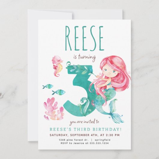 Mermaid 3. Geburtstag Einladung (Vorderseite)