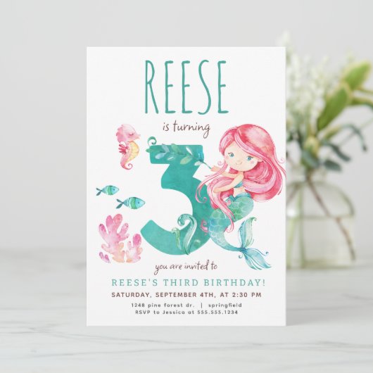 Mermaid 3. Geburtstag Einladung (Stehend Vorderseite)