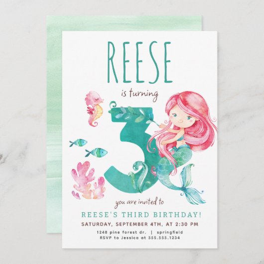 Mermaid 3. Geburtstag Einladung (Vorne/Hinten)