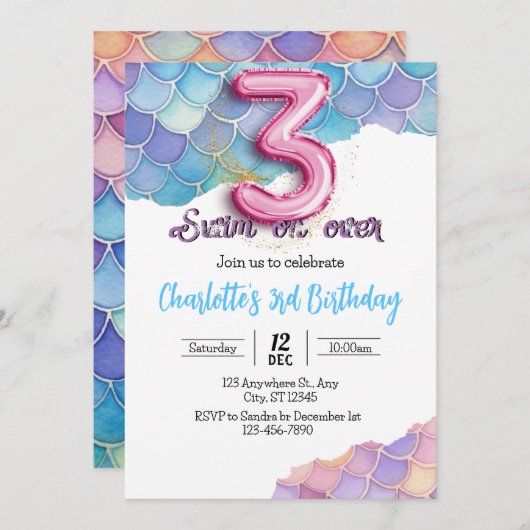 Mermaid 3. Geburtstag Einladung (Vorne/Hinten)